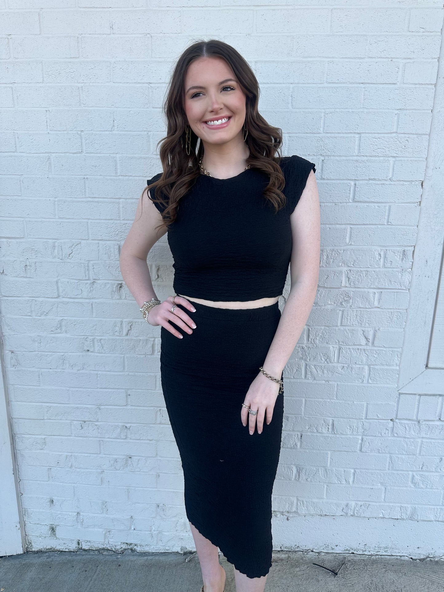 Black Textured Stretch Knit Maxi Skirt