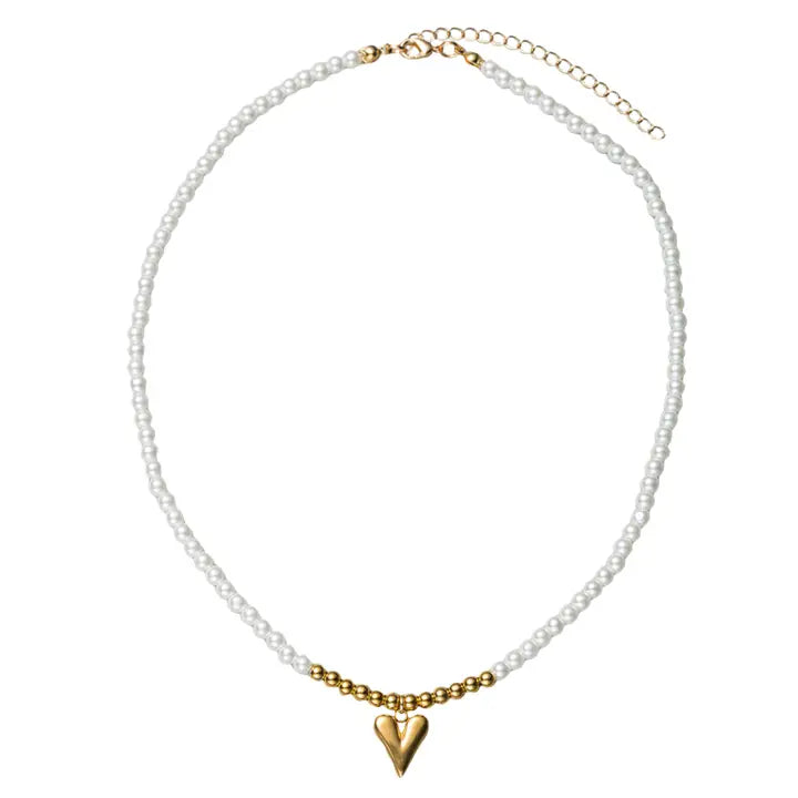 Pearl Beaded Necklace W/ Gold Heart