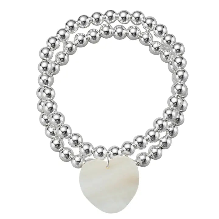Gold Plated Silver Set Of 2 Beaded Stretch Bracelet - Shell Heart