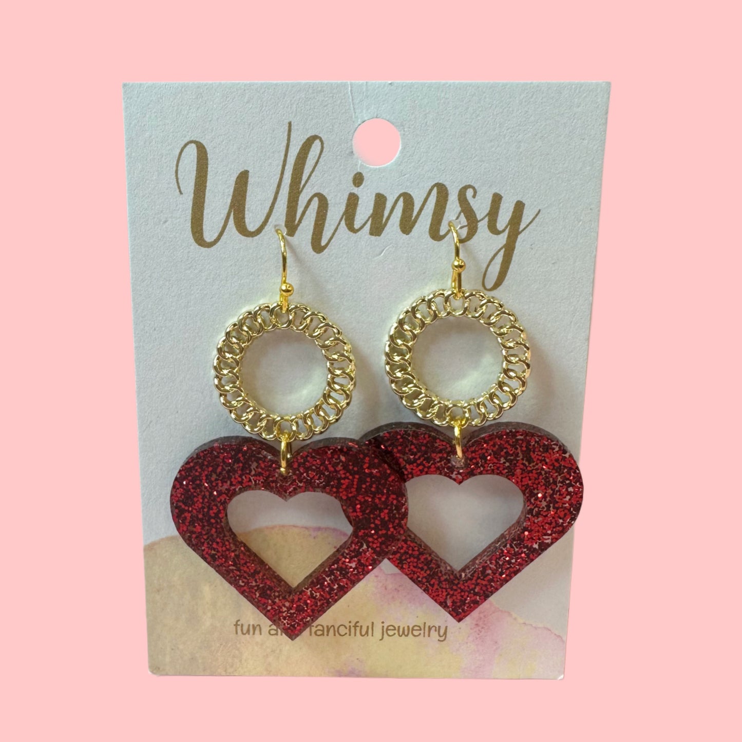 Small Circle w Red Heart Earrings