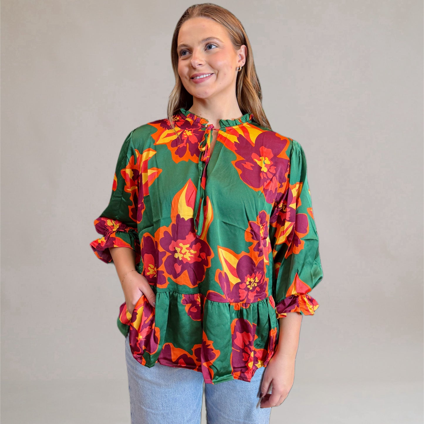 V-Neck Green Mix Blouse