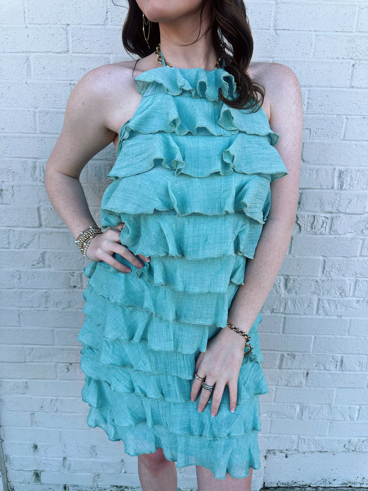 Mint Blue Tiered Ruffle Dress