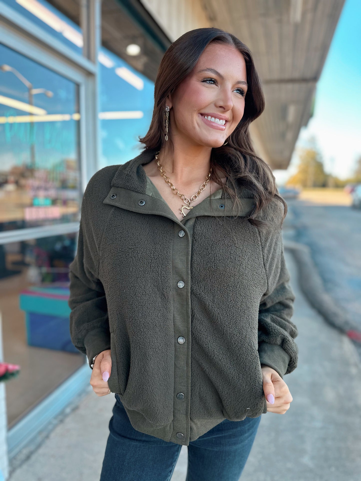 Olive Sherpa Button Up Jacket