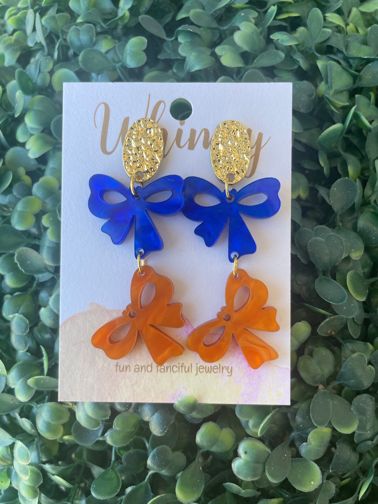 Blue & Orange Teared Bow Earrings w/ Gold Post
