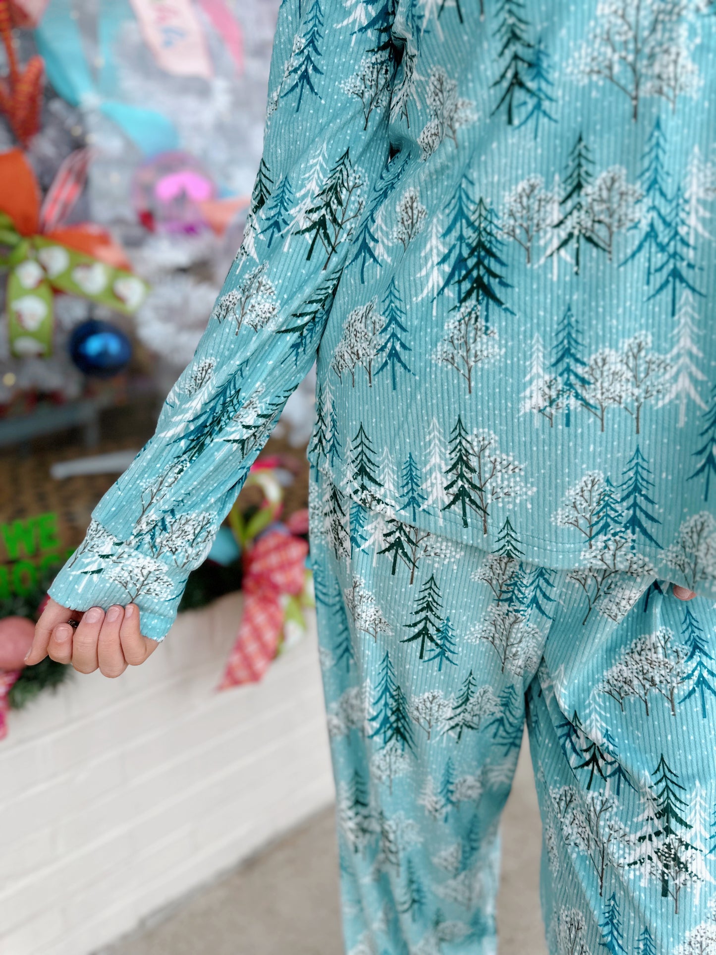 Frosted Trees Printed Luxe Pajama Long Sleeve Top