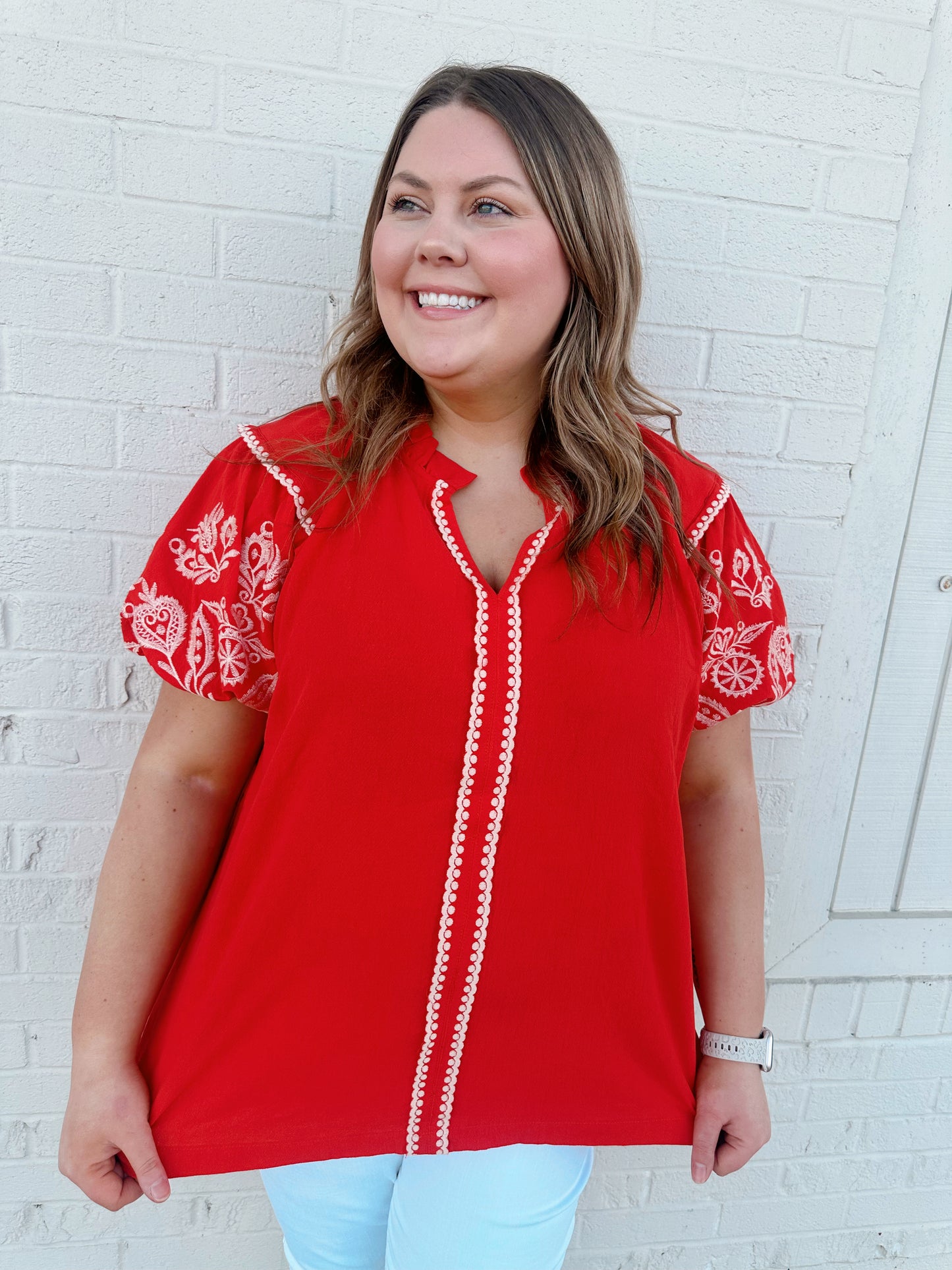 Red Puff Sleeve Blouse