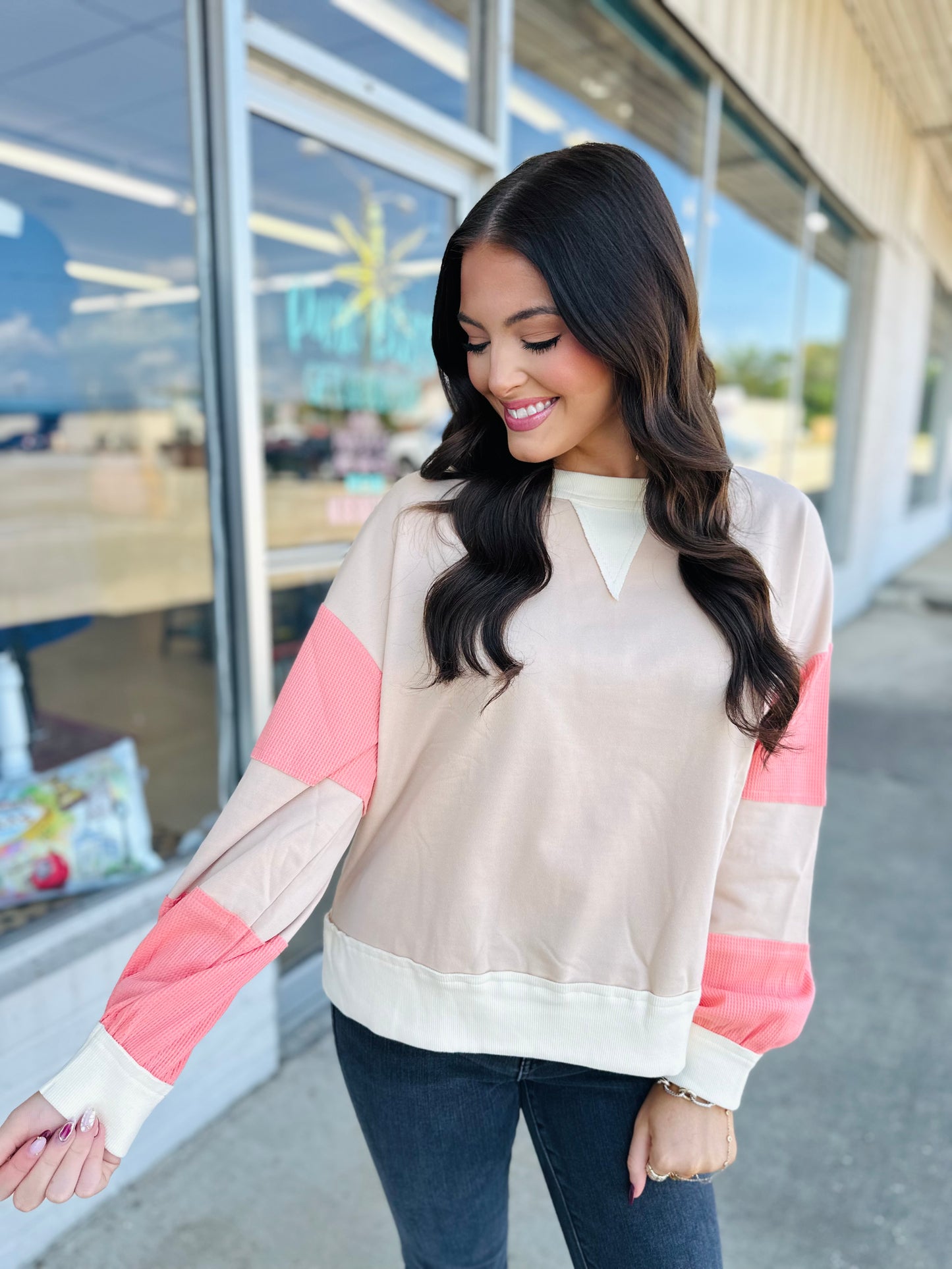 Color Block Textured Patchwork Pullover Sweatshirt