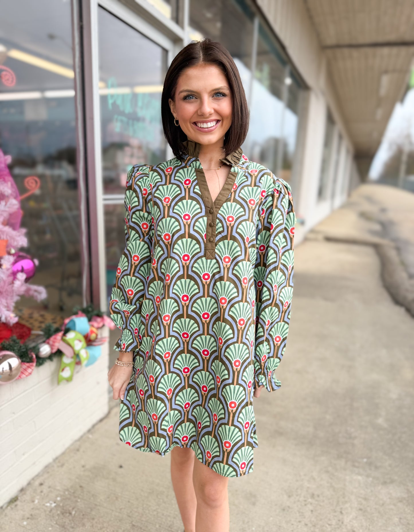 Puff Shoulder Boho Olive Dress