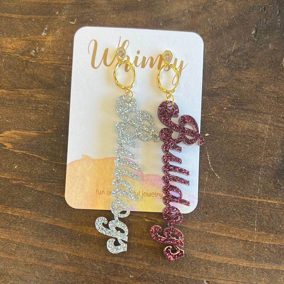 Bulldogs Script Earrings with Diamond Drop