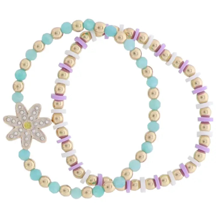 Kids Set of 2 Beaded Stretch Bracelet W Daisy Charm