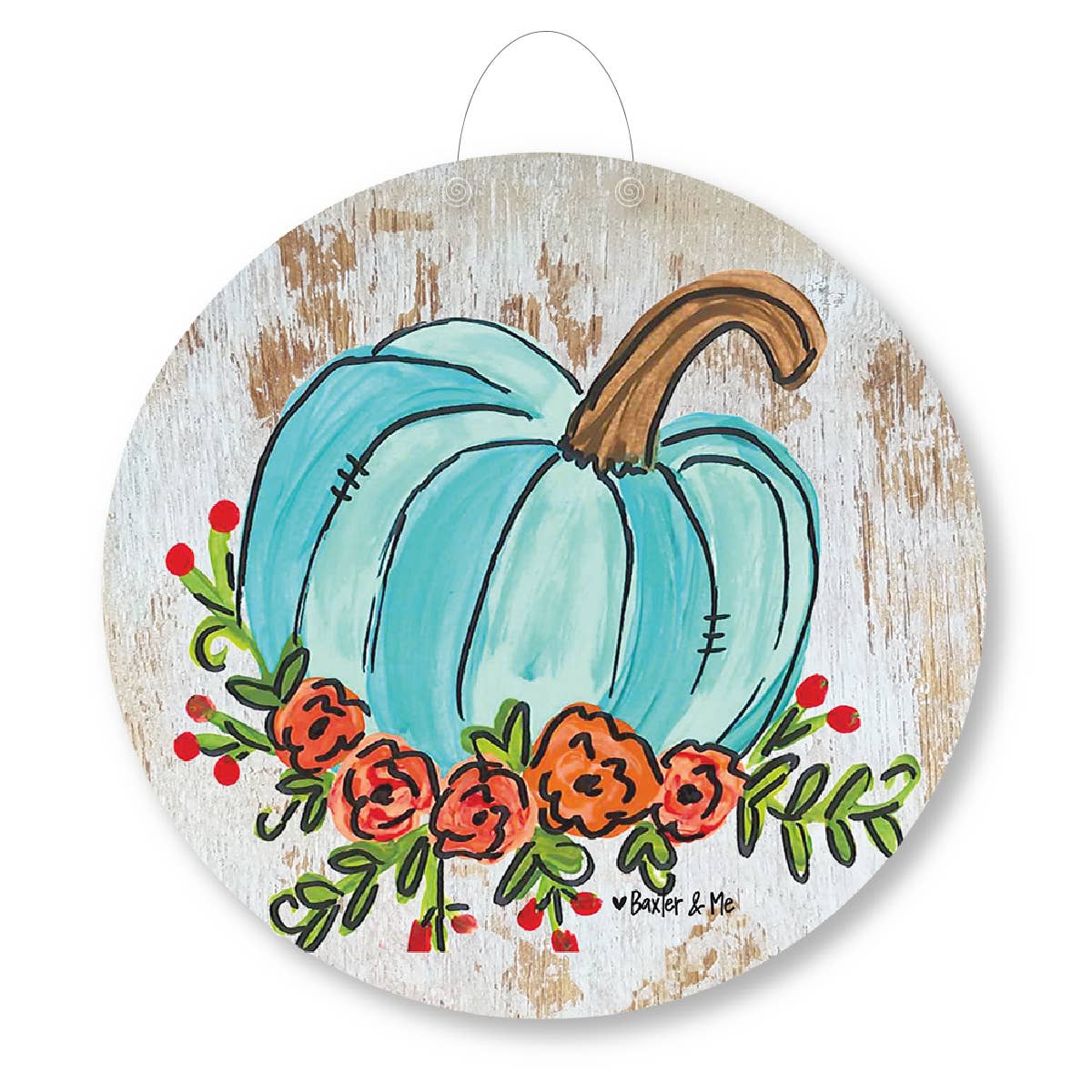 Blue Floral Pumpkin Door Hanger