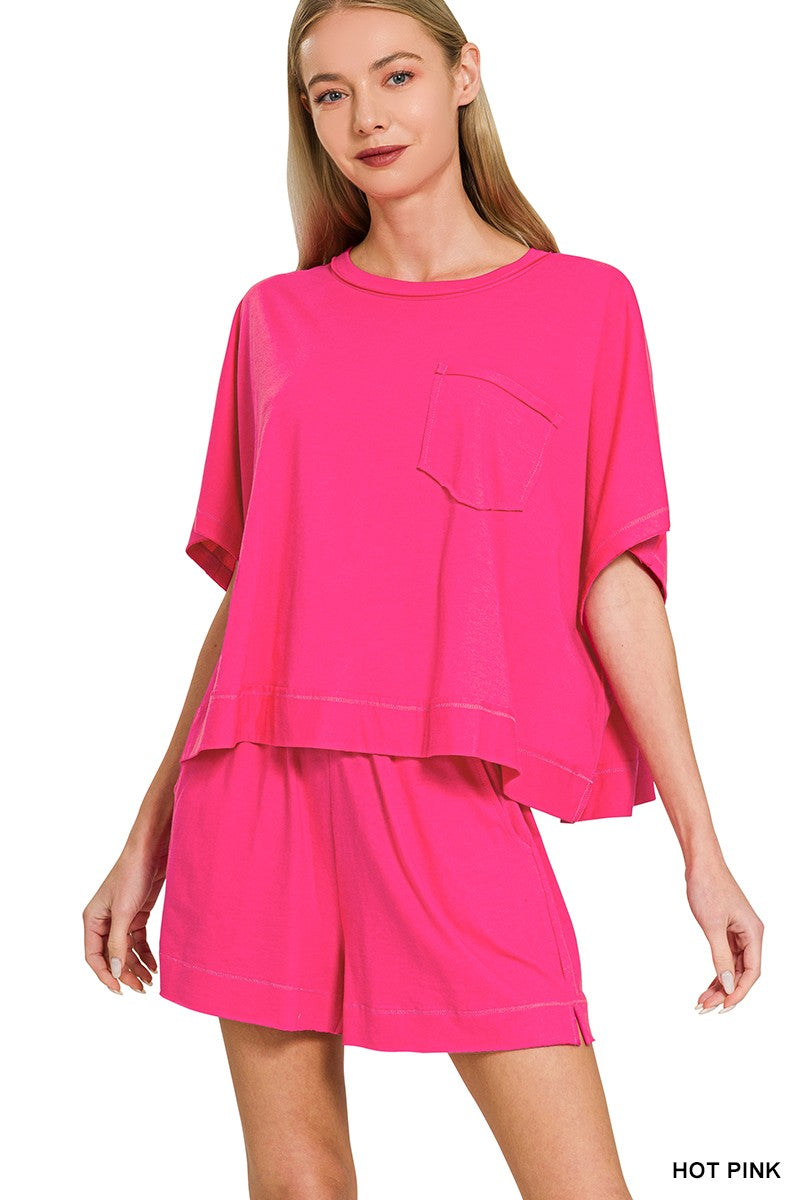 Exposed Seam Boxy Top & Short Set - Hot Pink