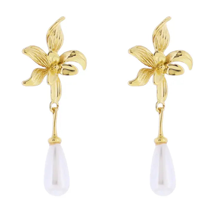 Gold Flower Post Earring W/ Pearl Teardrop