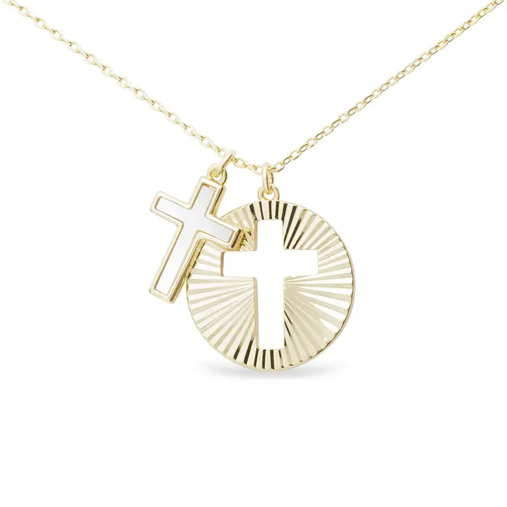 Gold Mop Cross & Gold Disc Cutout Cross Pendant Necklace