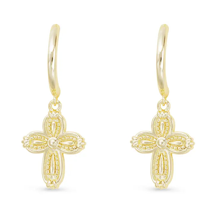 Gold Patterned Small Cross Hoop Drop Earrings