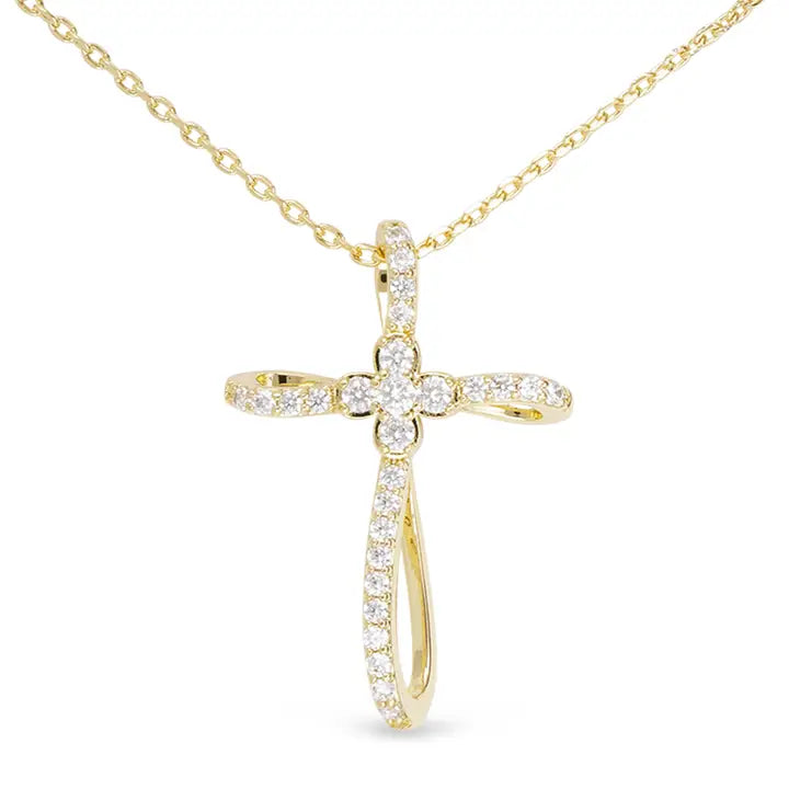 Gold Ribbon And Clover Center Cross Neckace