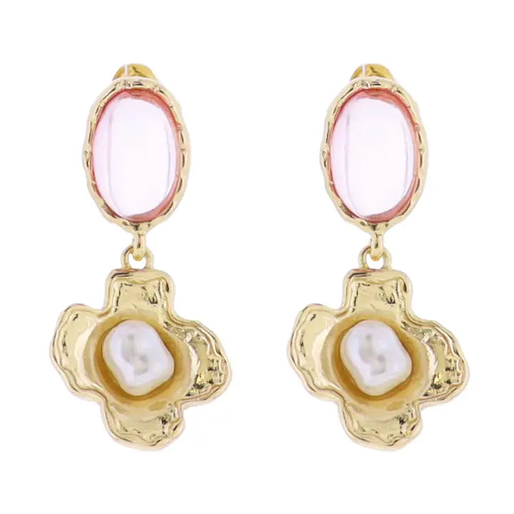 Pink Post W/ Gold Flower & Pearl Earrings