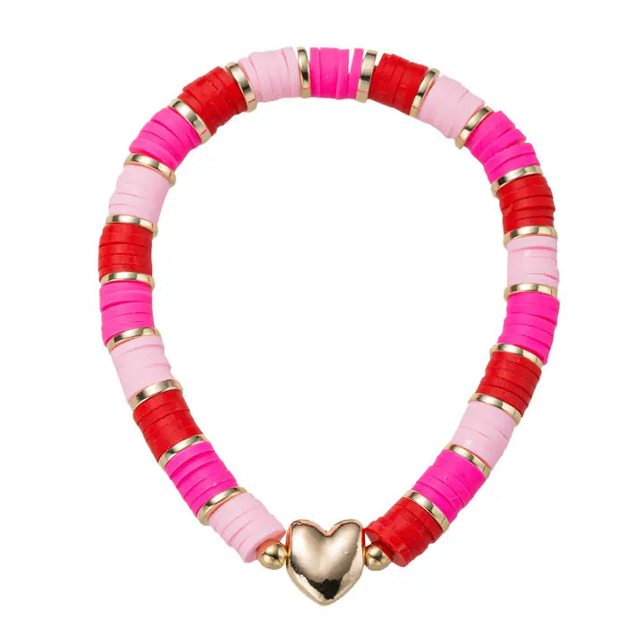 Red, Hot Pink, Light Pink Rubber Disk Beaded Stretch Bracelet W/ Gold Heart