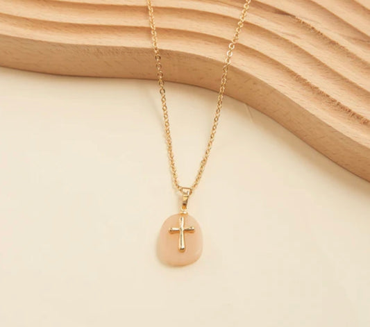 Genuine Stone Pendent W/ Cross Charm Necklace - Soft Pink