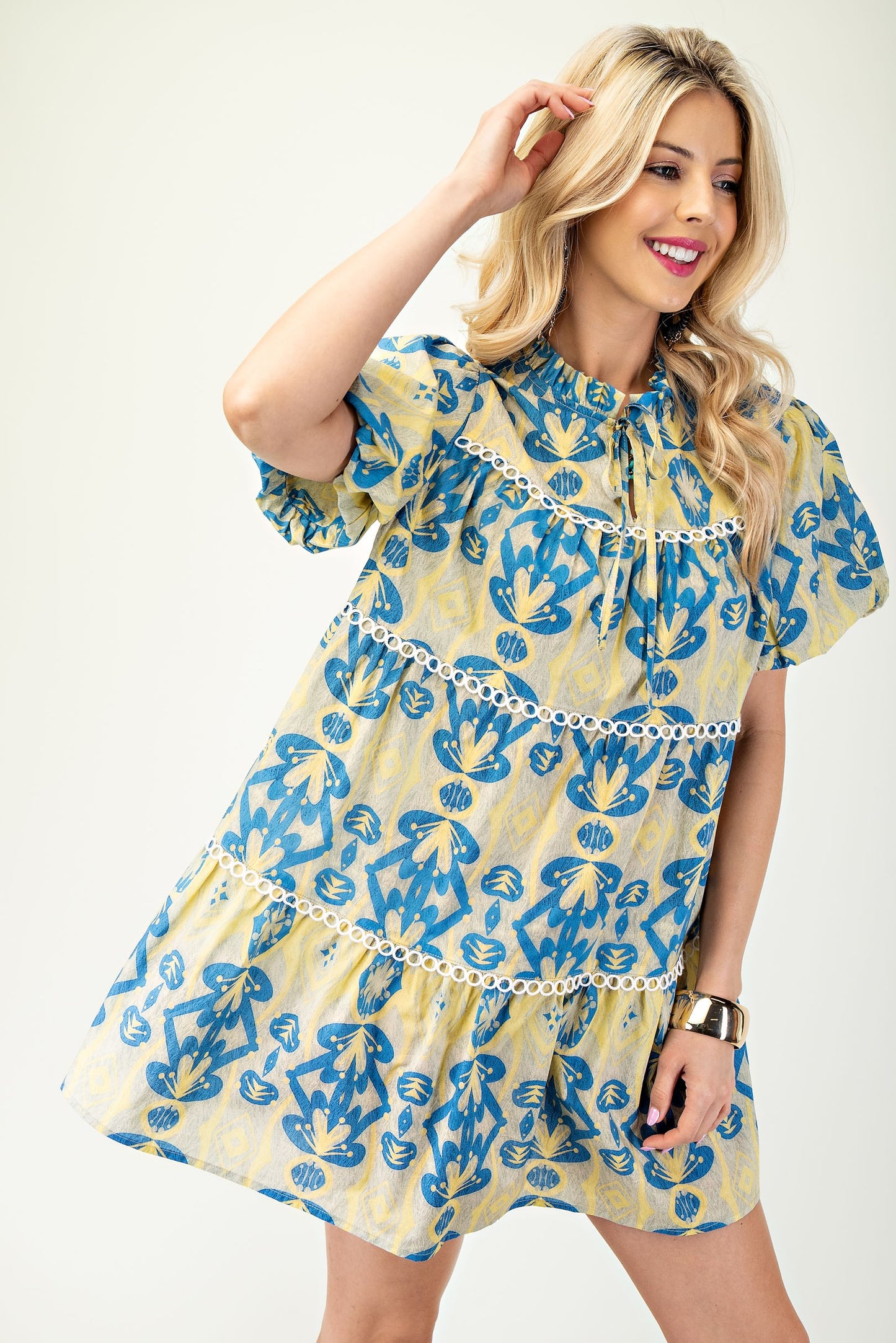 Yellow & Blue Tiered Mini Dress