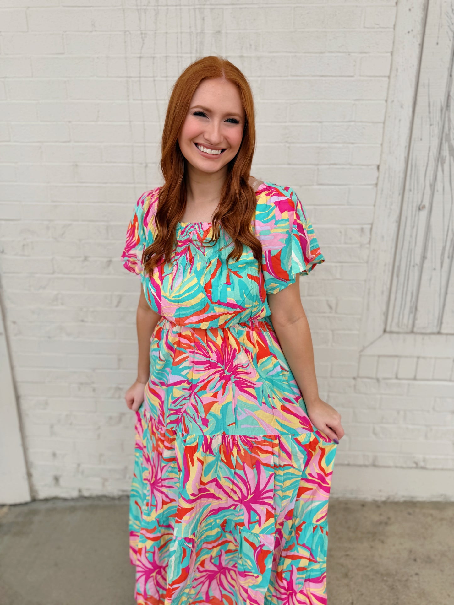 Mint Tropical Off-Shoulder Midi Dress