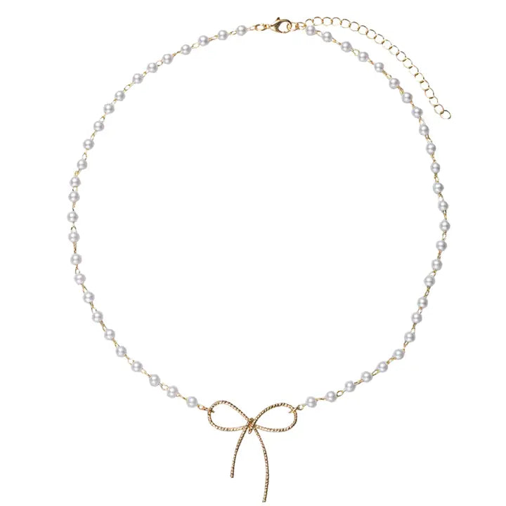 Pearl Beaded Necklace W/ Gold Bow