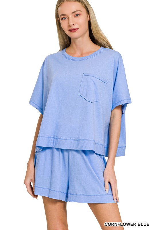 Exposed Seam Boxy Top & Short Set - Cornflower Blue