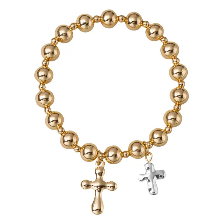 Gold Plated Ball Beaded Stretch Bracelet W/ Two Tone Crosses