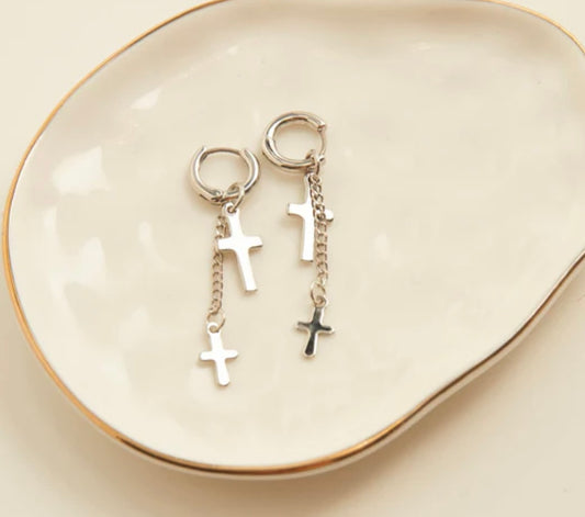 Cera Silver Double Cross Earrings