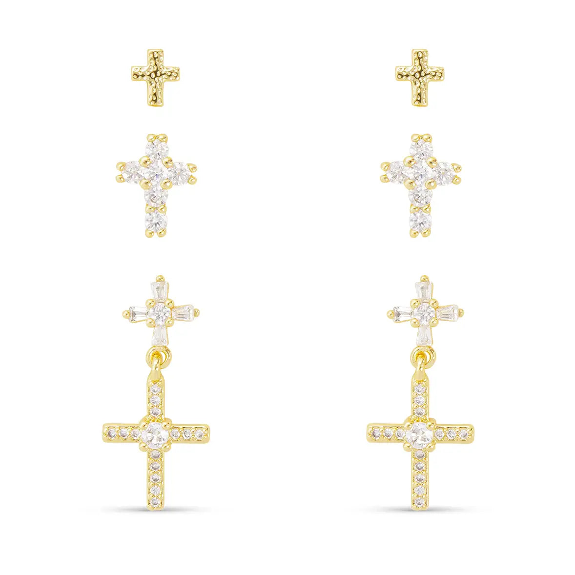 Gold Trio Cross W/ Drop Earrings