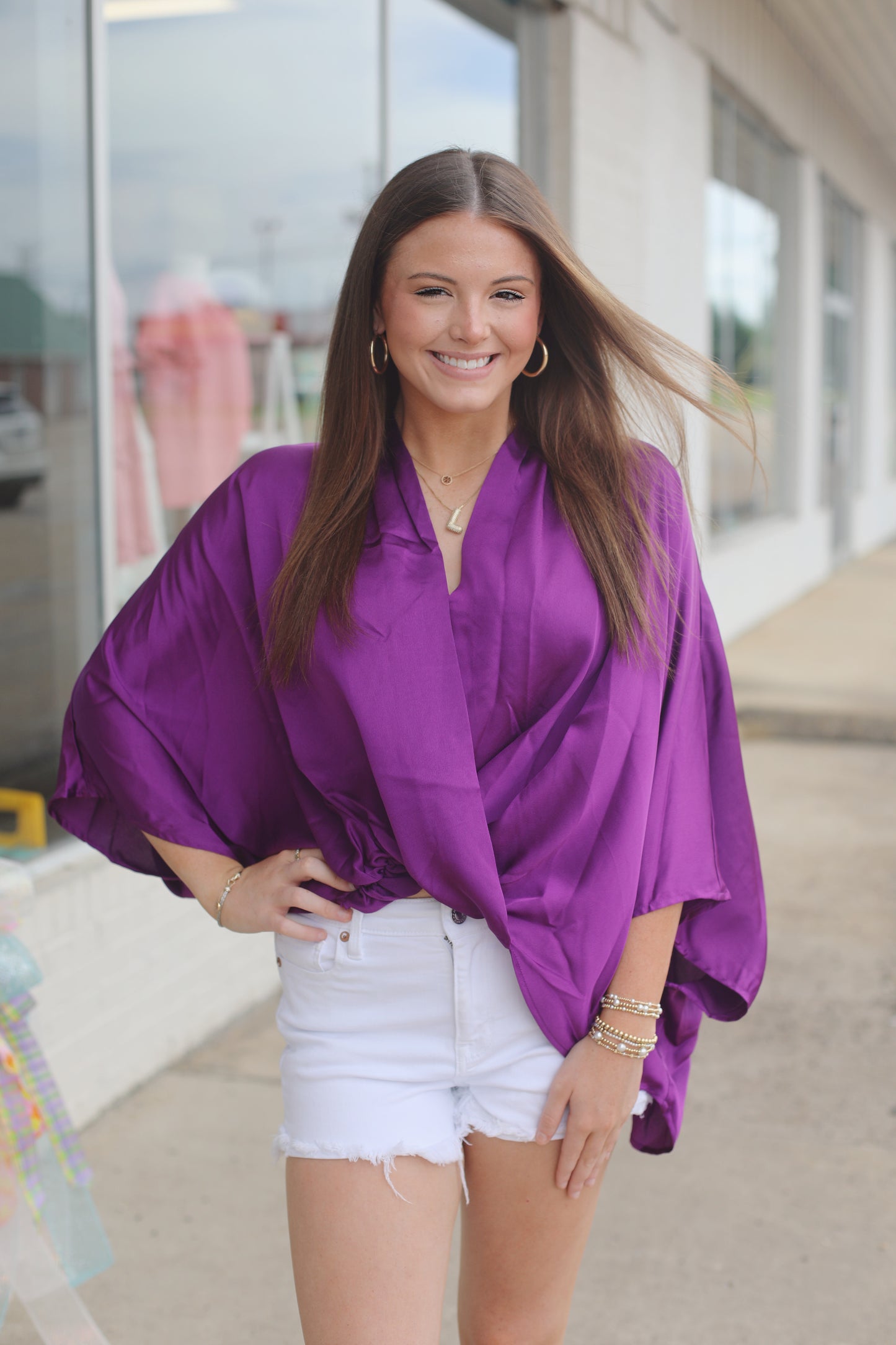 Violet Concourse Kimono Sleeve Satin Top