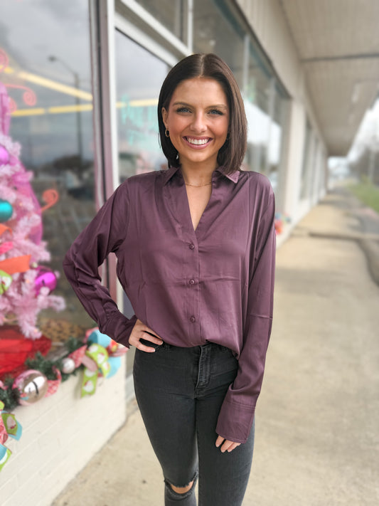 Dark Cherry Button-Up Satin Shirt