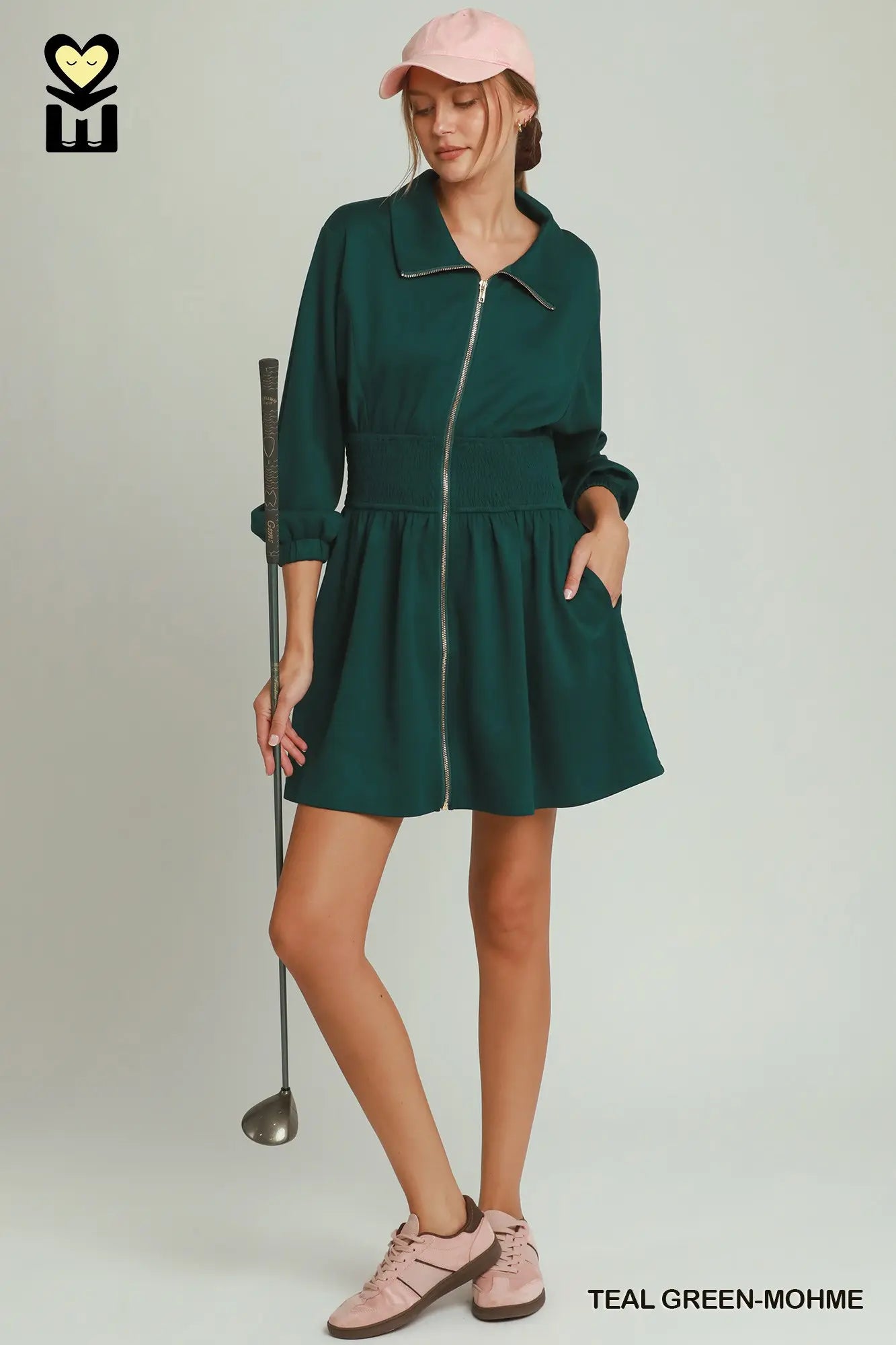 Teal Green-Mohme Front Zip Dress
