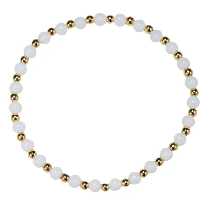 White Rounded Beaded Stretch Bracelet - Gold Beaded