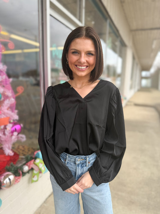 Black V-Neck Satin Top