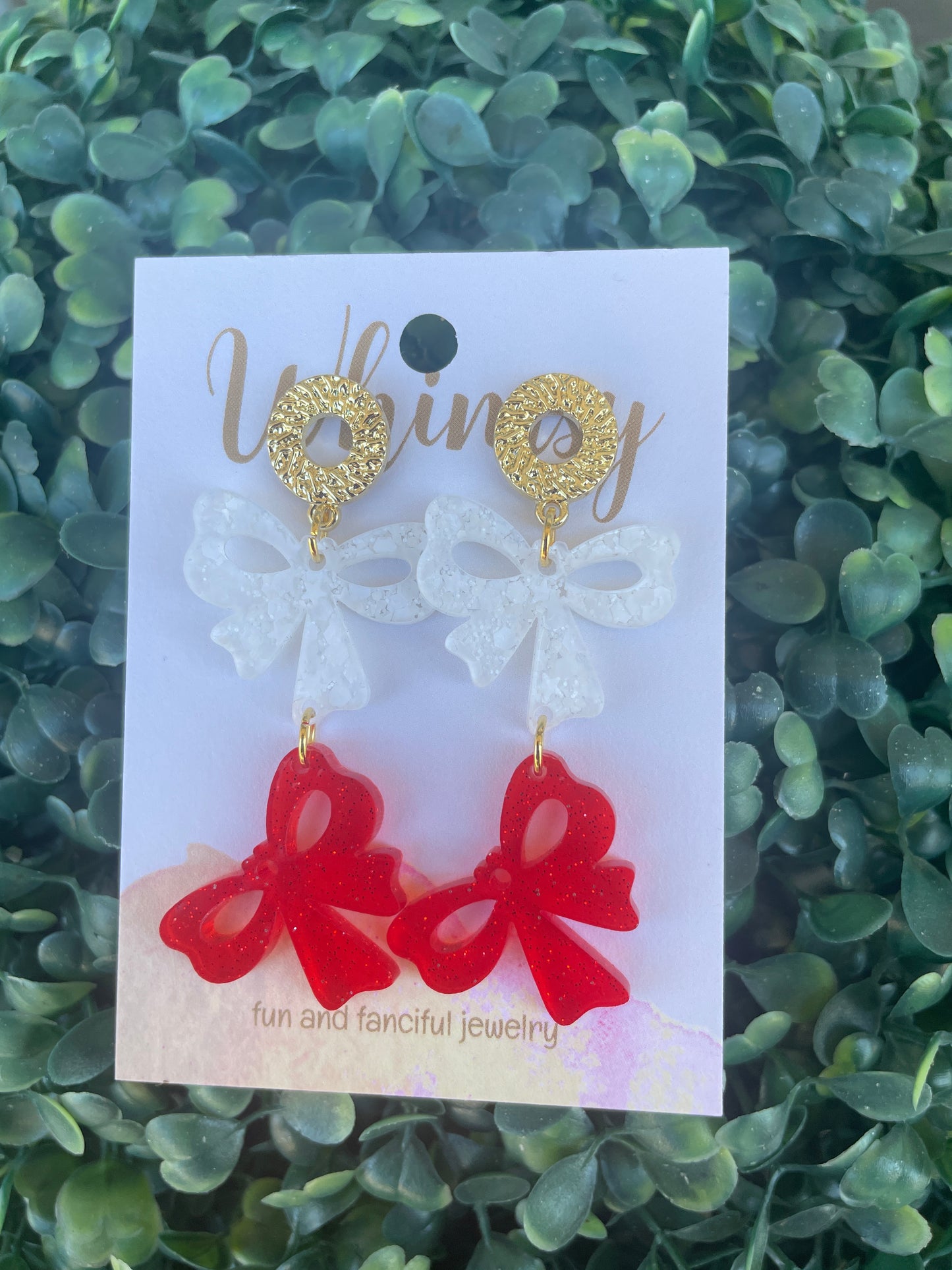 White & Red Teared Bow Earrings