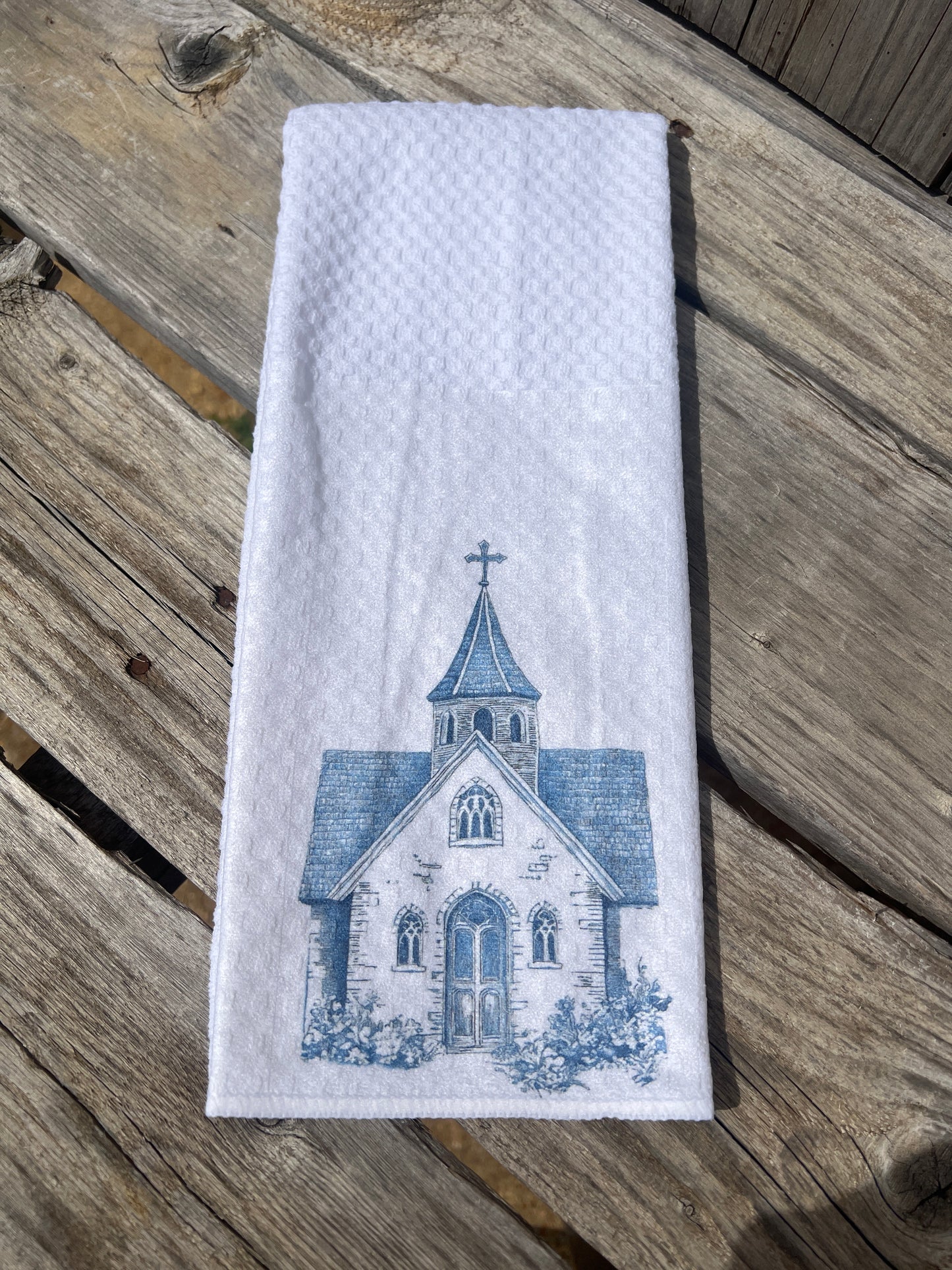 Blue Floral Church Tea Towel