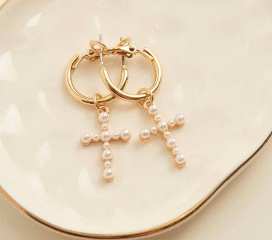 Cera Gold Pearl Cross Earrings