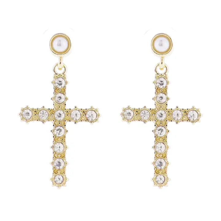 Pearl Stud W/ Gold Cross Earrings