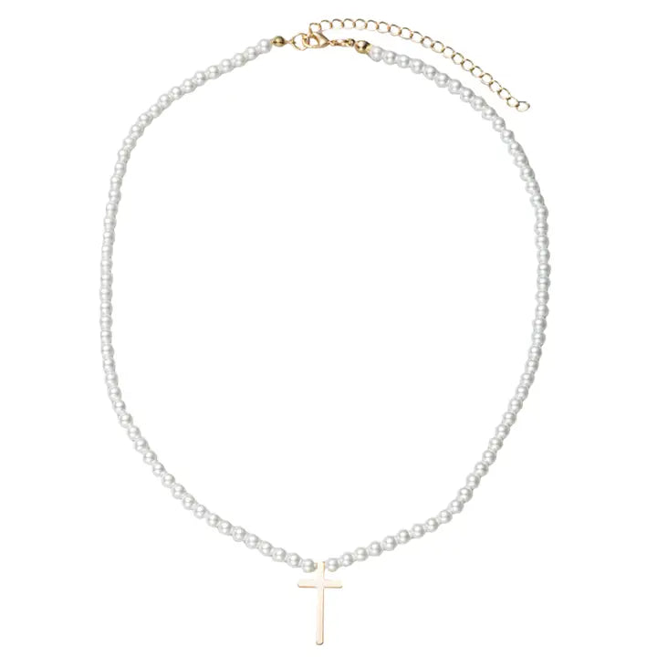 Pearl Beaded Necklace W/ Gold Cross