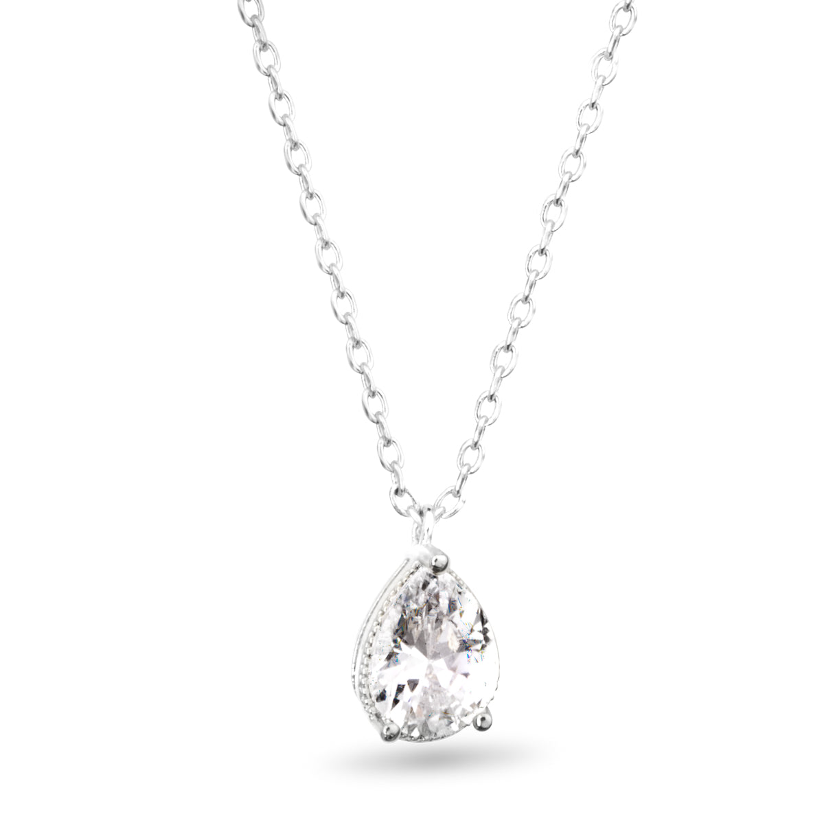 Silver CZ Pear Shaped Solitaire Necklace