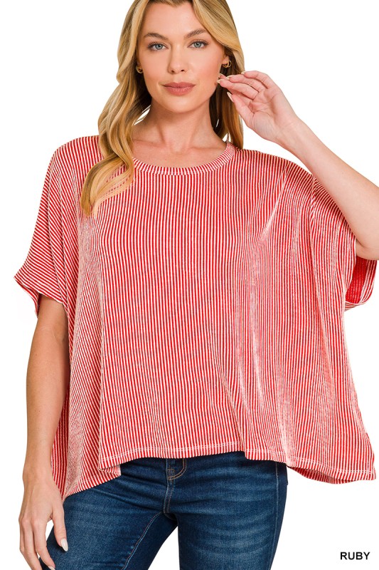 Ribbed Stripe Oversized Short Sleeve Top - Ruby