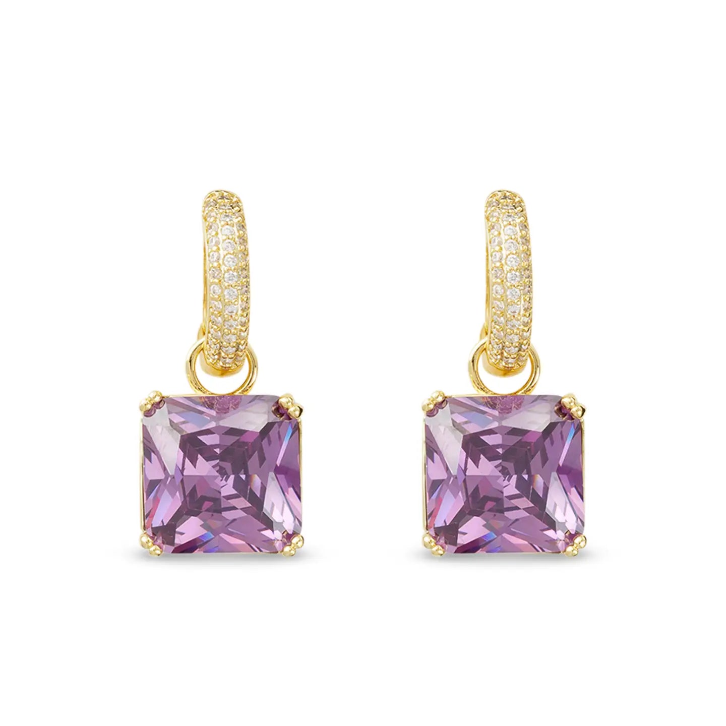 Gold Crystal Amethyst Square Earrings