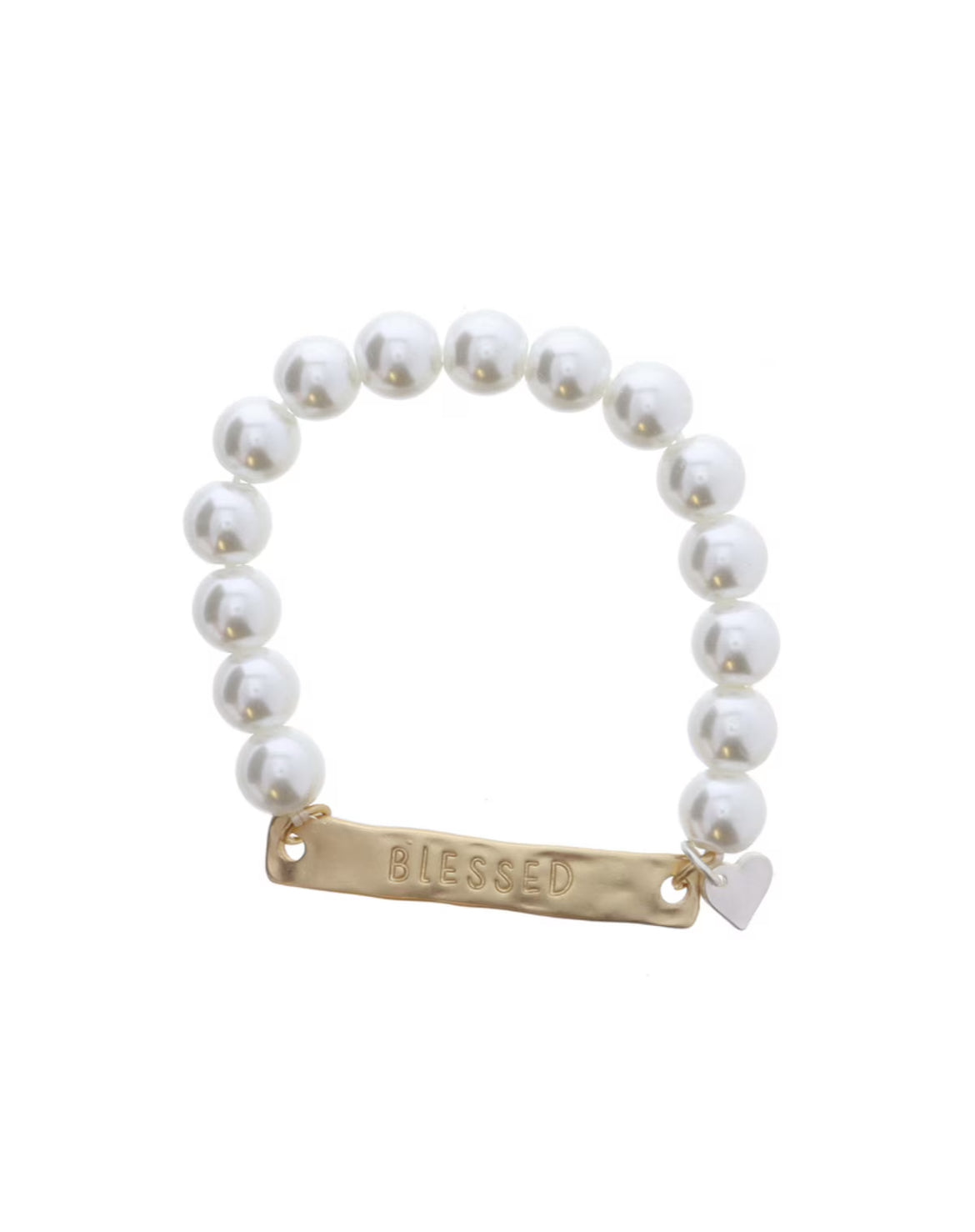 Kids Pearl Beaded Bracelet w/ Blessed Bar & Silver Heart Charm