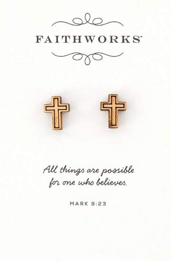 Mark 9:23 Wood Cross Earrings