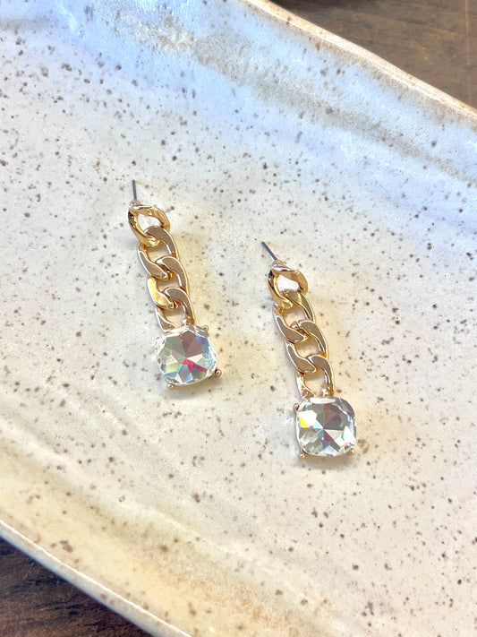 Chain Post Earring With Rhinestone Square Drop