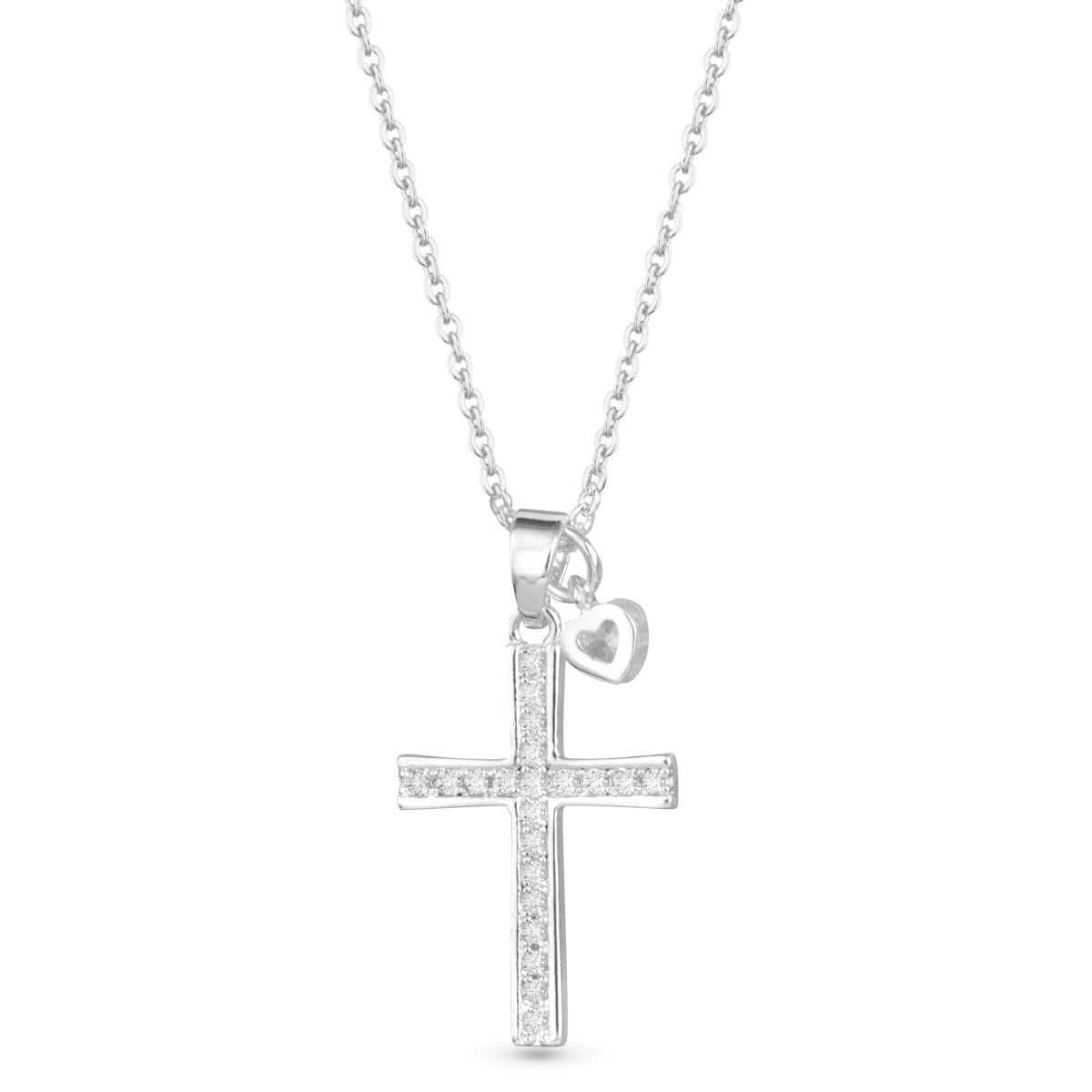 Silver Pave Cross w/ Heart Droplet Necklace