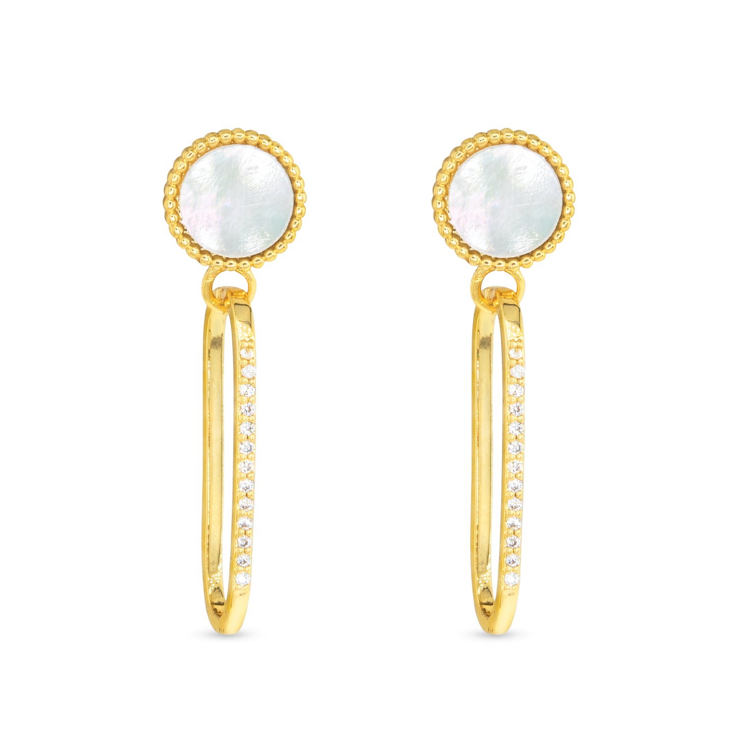 Gold CZ & MOP Disk Drop Earrings