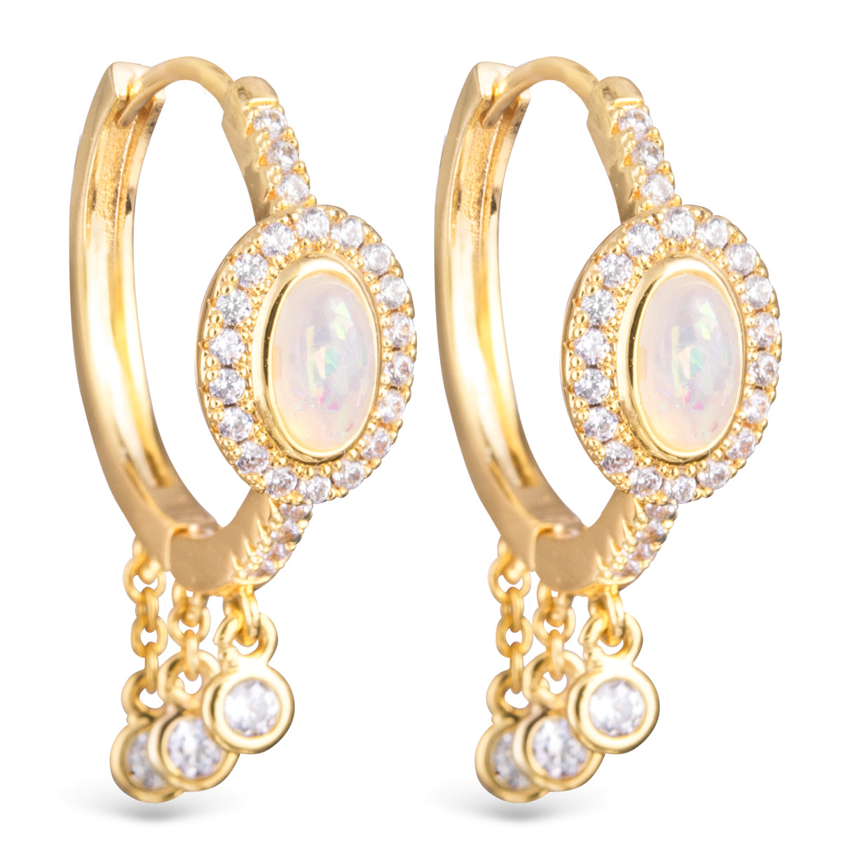 Gold CZ & Oval Opal Huggie w/ CZ Droplets