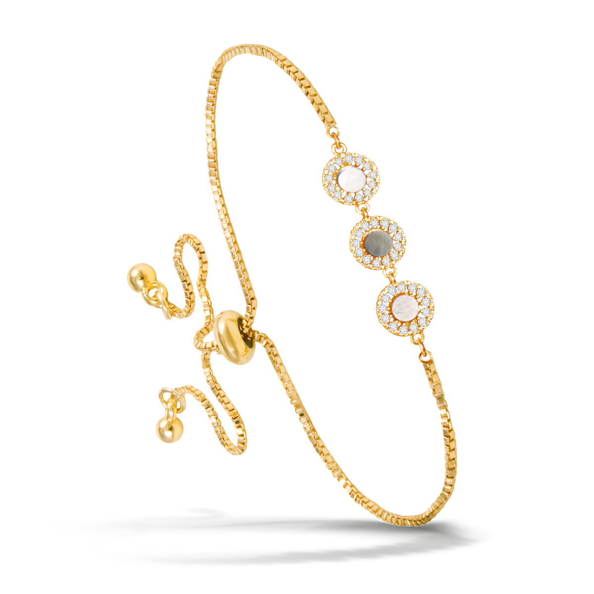 Gold CZ & MOP Triple Circle Pull-Cord Bracelet